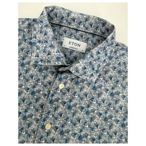 Eton Dress Shirt Mens 41/16 Blue Floral 100% Cotton Contemporary Fit Long Sleeve